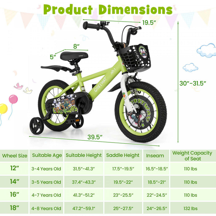 Costway 14\" Velo Pour Enfants Pour 3-5 Avec Guidon Reglable En Hauteur Et Frein A Main En Selle Vert