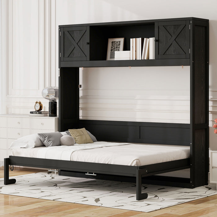 Lit escamotable Ethan en bois massif avec armoires de rangement, taille queen, noir
