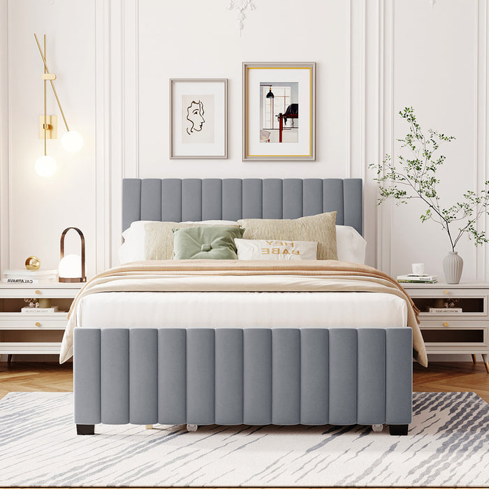Lit plateforme Ethan rembourre en velours, gain de place, avec tiroir gigogne, taille full, gris