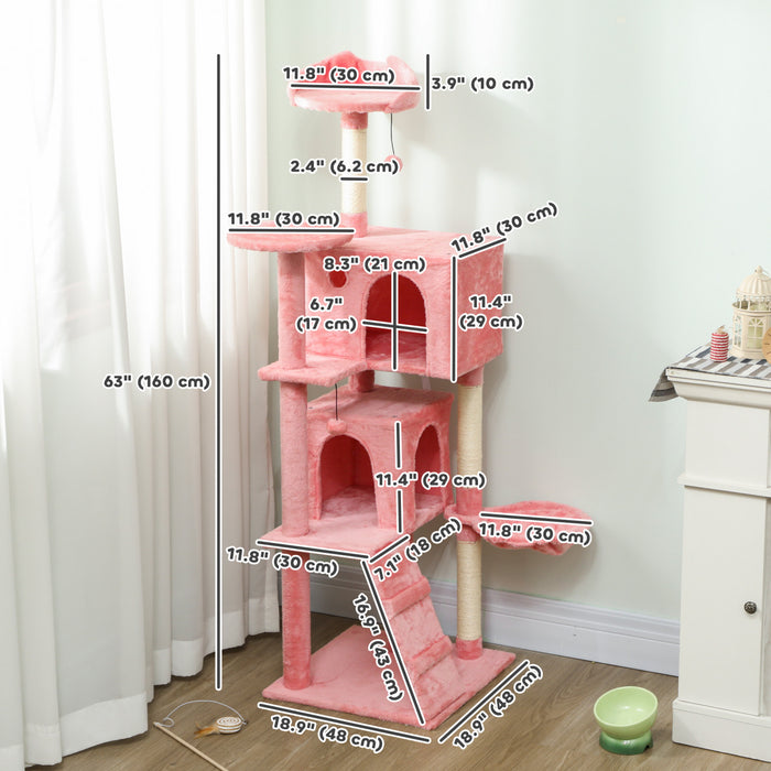 63 Inch Cat Tree with Sisal Scratching Posts, Pink