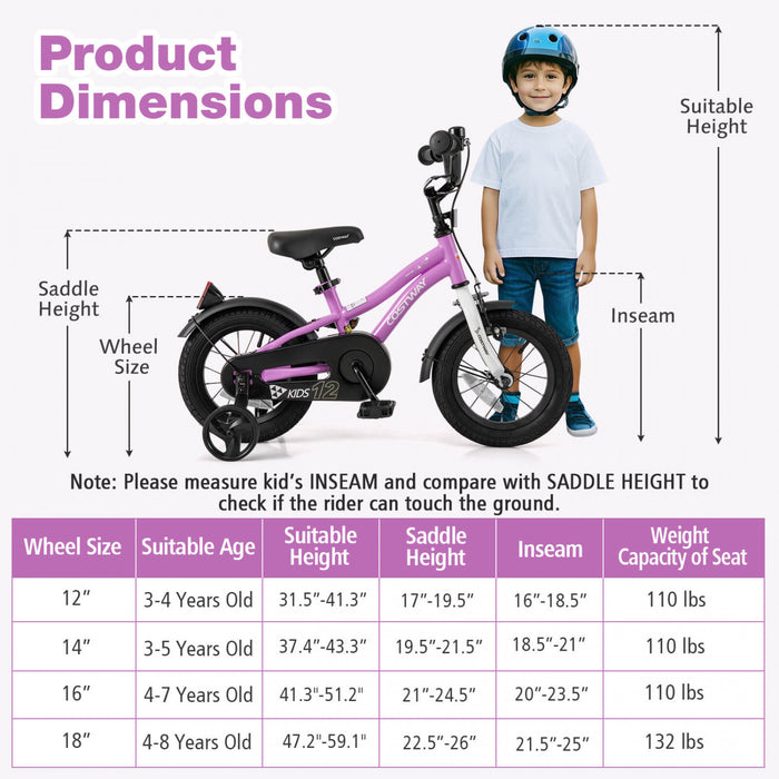 Costway 12\" Velo Pour Enfants Pour Garcons Et Filles De 3 A 4 Ans Avec Reflecteurs De Frein A Main Reglables Violet