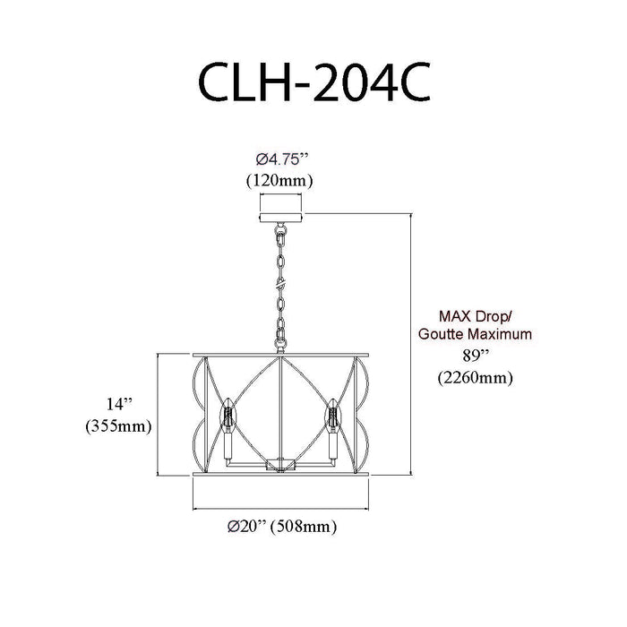 Lustre Calah de Dainolite avec fini laiton antique et 4 ampoules incandescentes