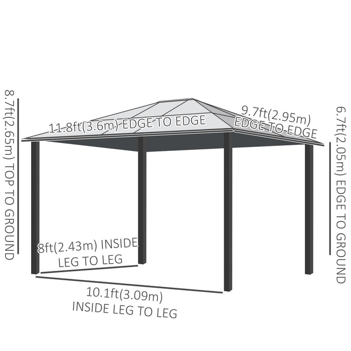Outsunny 12'l X 10'w Hard Top Gazebo Canopy Sunshelter Pare-soleil Impermeable Avec Parois Laterales Et Moustiquaire