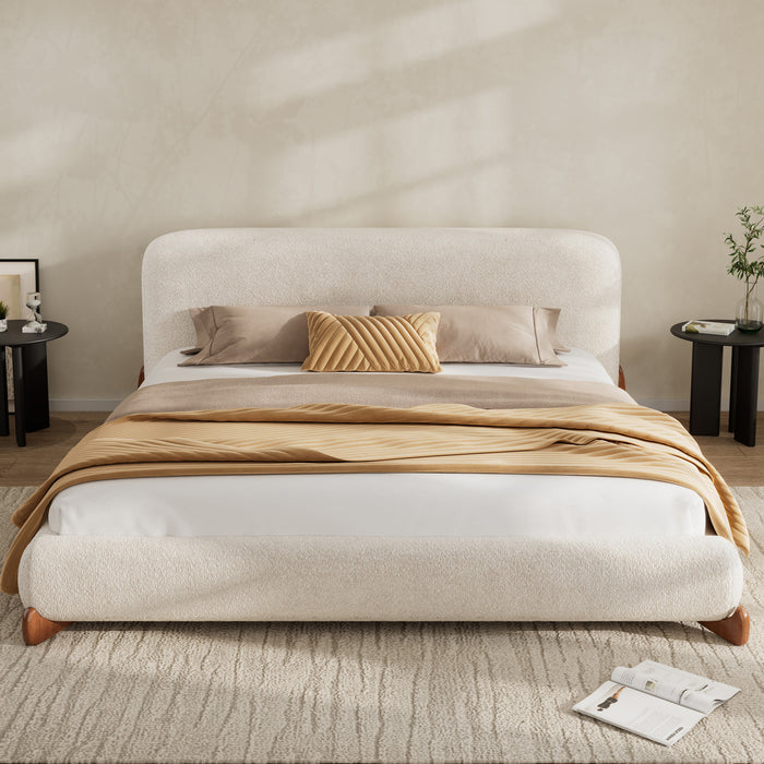Cadre de lit plateforme Emma a profil bas avec tete de lit courbee et revetement en boucle, taille king, blanc creme