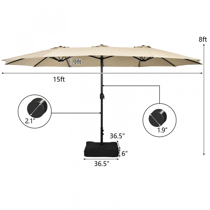 Parasol de patio jumeau double face Costway de 15 pieds, marche exterieur avec manivelle et base beige