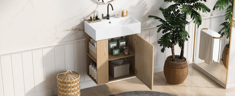 Camille Meuble de salle de bain flottant avec vasque en ceramique et rangement cote gauche, Naturel
