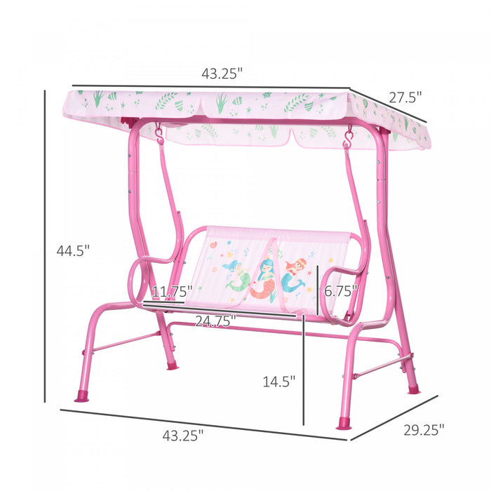 Outsunny Balancoire 2 Places Pour Enfants, Chaise Longue De Terrasse Pour Enfants, Pour Porche De Jardin, Avec Auvent Reglable, Ceinture De Securite, Motif Sirene, Pour 3-6 Ans, Rose.