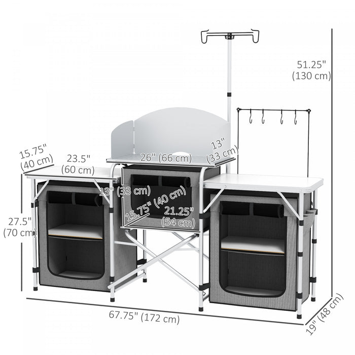 Outsunny Cuisine de camping pliante avec armoires en tissu pare-brise gris