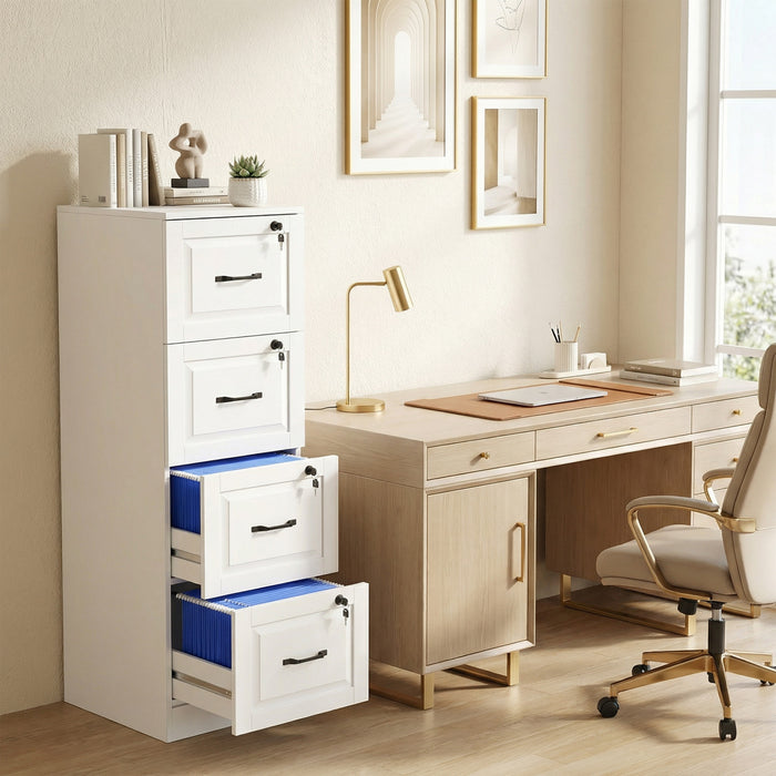 HOMCOM Armoire a Dossiers 4 Tiroirs avec Serrure, Meuble de Classement Vertical, Blanc