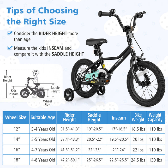 Costway 14\" Velo D'entrainement Pour Enfants Avec Roues D'entrainement Amovibles Pneumatiques Noir