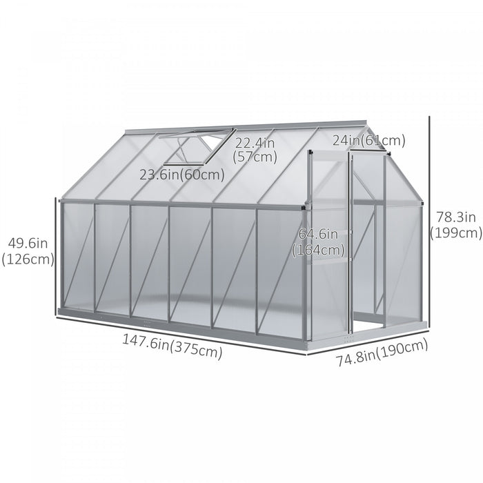 Outsunny 12' X 6' Outsunny Kit De Serre De Jardin En Polycarbonate Avec Event De Toit Reglable, Gouttiere Et Porte Coulissante Pour L'hiver Argente
