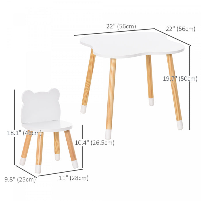 Qaba Ensemble De Table Et 2 Chaises En Bois Pour Enfants Table A Manger Pour Enfants En Forme D'ours Mignon Avec Coins Arrondis Pour 1 A 4 Ans Bureau Pour Tout-petits Lecture Dessin Jouer, Blanc