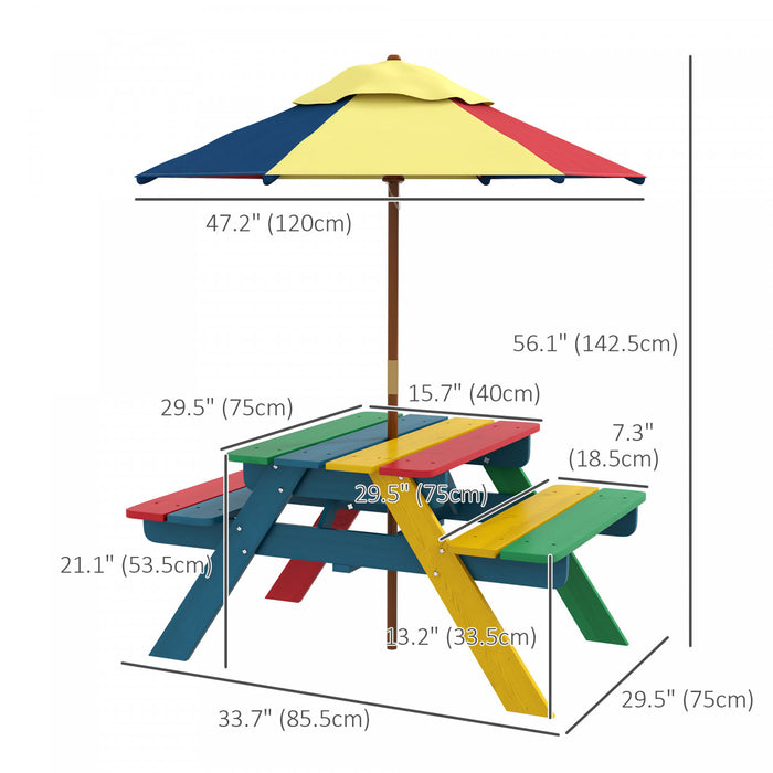 Outsunny Ensemble De Table De Pique-nique Pour Enfants Avec Parasol Amovible, Table Et Chaises D'exterieur En Bois Pour Enfants Pour Jardin, Garcons Et Filles De 3 A 6 Ans, Multicolore