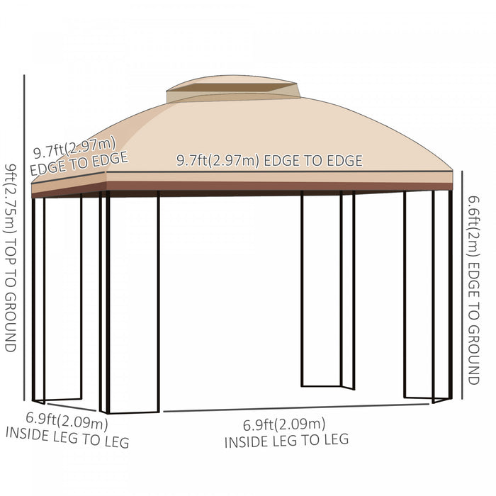 Outsunny 10' X 10' Tonnelle Pavillon Jardin Patio Terrasse Gazebo Exterieur Double Toit Avec Parois Laterales En Maille Amovibles, Etageres, Beige