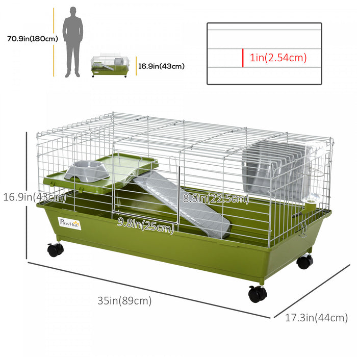 Pawhut Cage Pour Petits Animaux De 88,9 Cm De Long, Cage A Lapin Roulant, Cage Pour Cochon D'inde Avec Plat De Nourriture, Bouteille D'eau, Mangeoire A Foin, Rampe Pour Furet Chinchilla, Vert