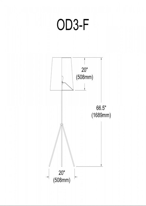 Lampe à pied Tripod de Dainolite avec abat-jour cylindrique effilé noir et argenté, 3 pattes et fini noir mat