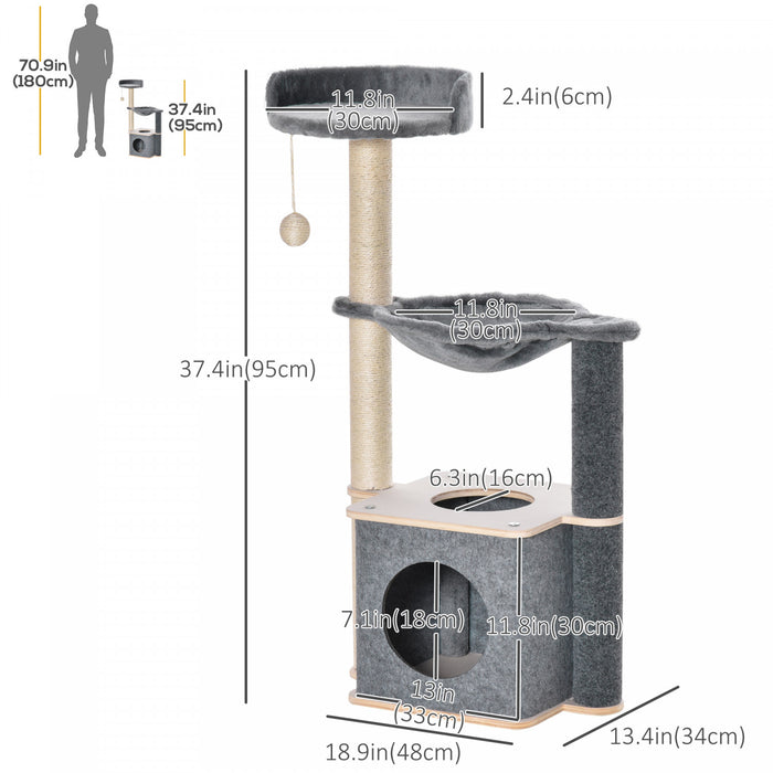 Pawhut Arbre A Chat, Tour A Chat A Plusieurs Niveaux Avec Perchoir, Griffoir, Condo Pour Chat, Hamac, Balle A Suspendre, Meubles Pour Chat D'interieur, Gris