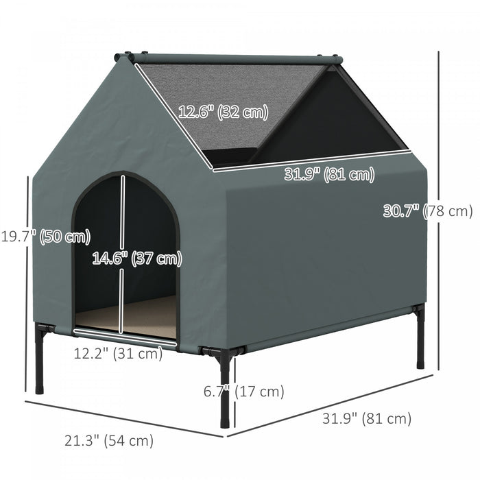 Pawhut Niche D'exterieur Pour Chien Surelevee Avec Housse Amovible, Fenetres En Maille, Sac De Rangement, Pour Chiens De Petite Et Moyenne Taille, Gris