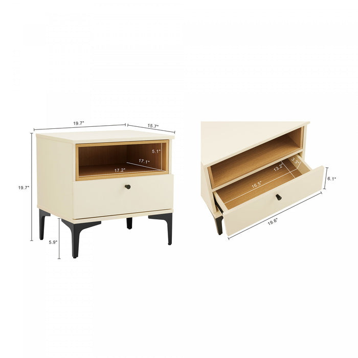 Table de nuit moderne Amara 20\" en creme et chene clair (1 tiroir) - Lot de 2