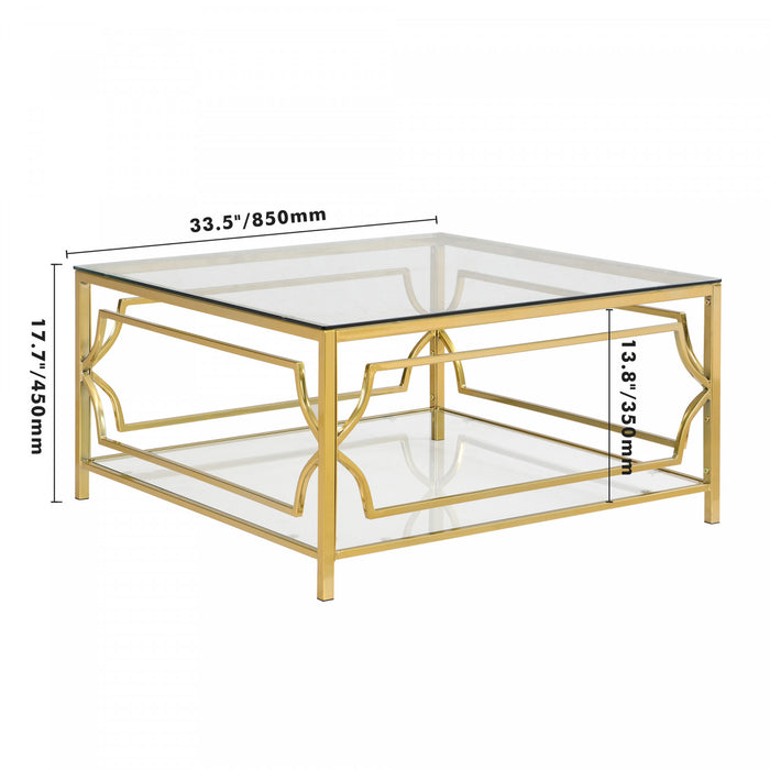 Gleam Table Basse Carree en Verre Trempe 33.5 po avec Cadre Geometrique Dore et Etagere Inferieure, Transparent