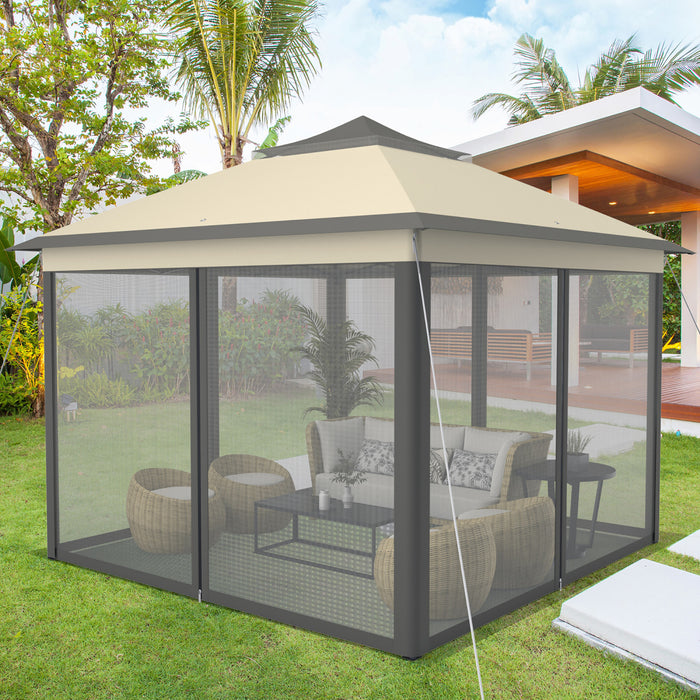 Costway 11’x11’ 2-tier Tente Pop-up Gazebo Abri A Canopy Portatif Sac De Transport Maille Brun