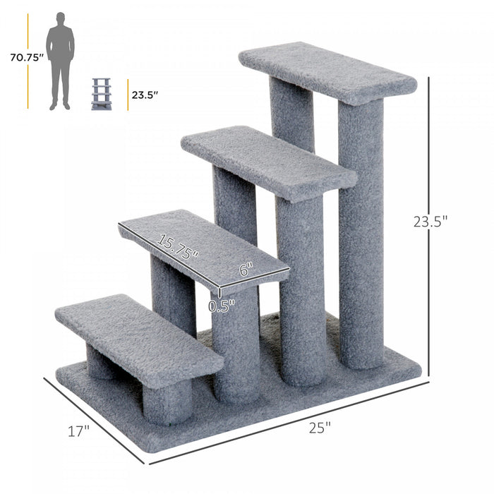 Pawhut 24'' Arbre A Chat Escalier Pour Animaux Chats Avec Griffoirs 4 Marches Panneaux De Particules Peluche Courte Gris