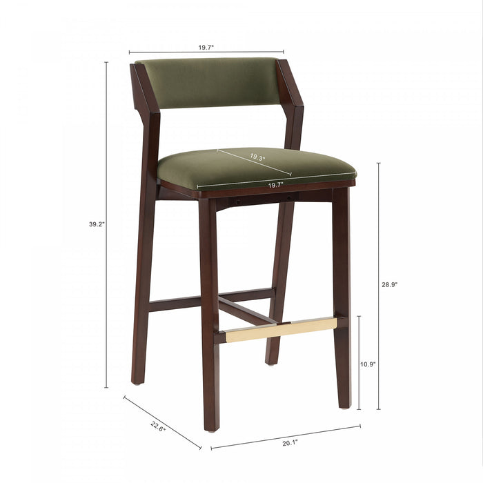Tabouret de bar moderne Patricia en bois avec revetement en tissu vert tortue