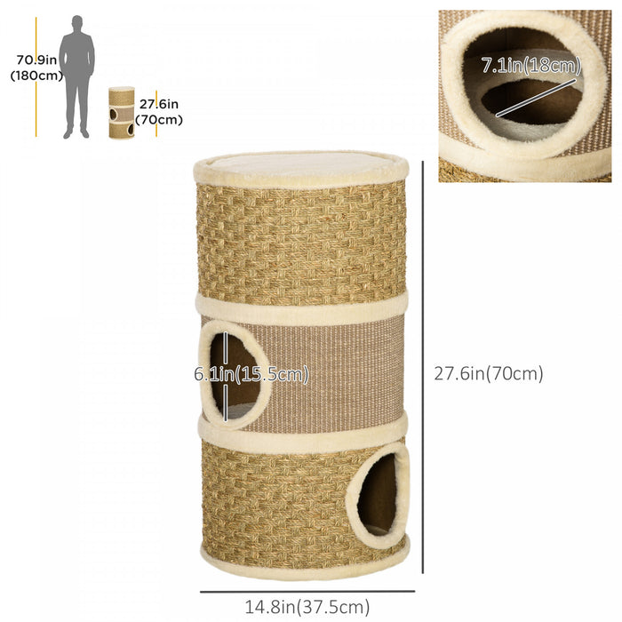 Pawhut Tour A Chat 3 Etages A Trois Trous Avec Surface De Couverture A Gratter En Sisal Et Algues, Tour A Chat Pour Chats D'interieur, 15 \"x 28\", Kaki Et Marron