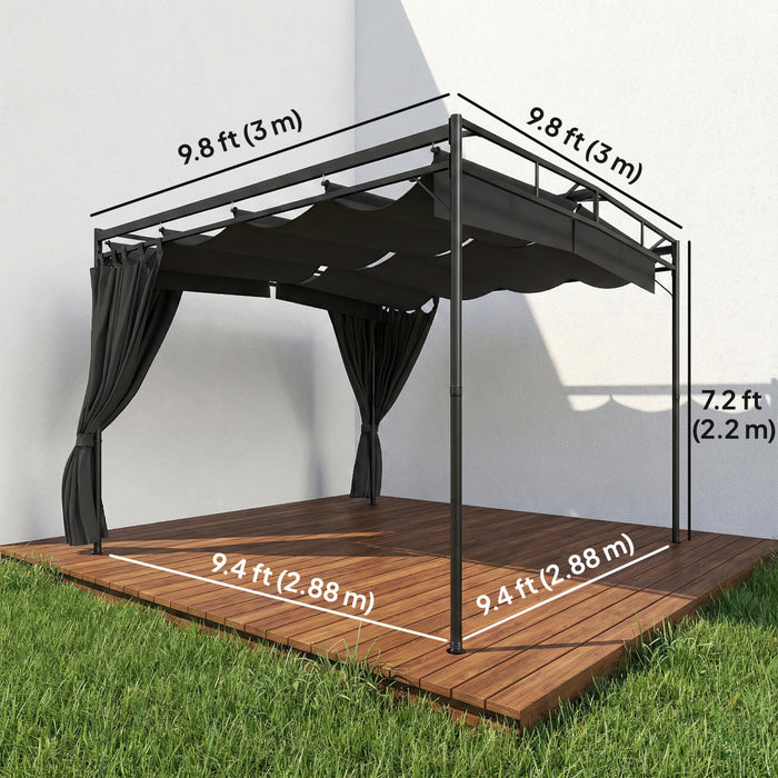 Outsunny Pergola retractable 3 x 3 m, auvent exterieur avec rideaux