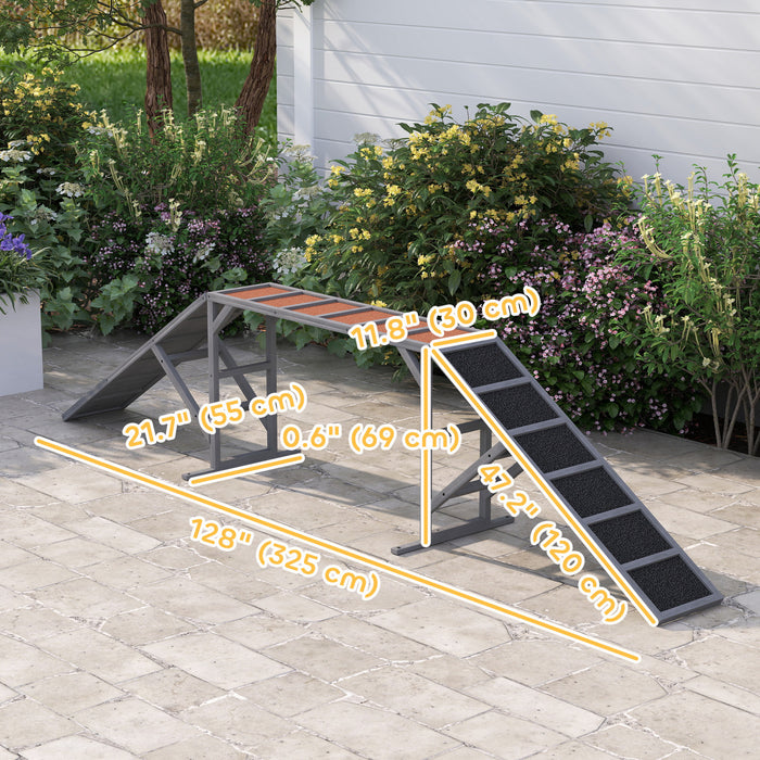 PawHut Equipement d’Agilite pour Chien en Bois, Rampe d’Escalade avec Barre de Securite, Surface Antiderapante, Parcours d’Obstacle pour Parc, Jardin, Entrainement de Marche et de Pause, Gris
