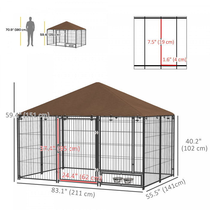 Pawhut Chenil Exterieur Pour Chien De 6.9' X 4.6' X 5' Avec Auvent, Bols Rotatifs, Porte Pour Cour Et Jardin, Cafe