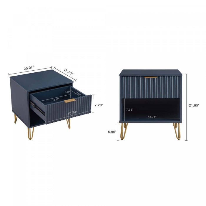 Table de nuit moderne Dumbo 20\" a cannelures, bleu minuit (1 tiroir)