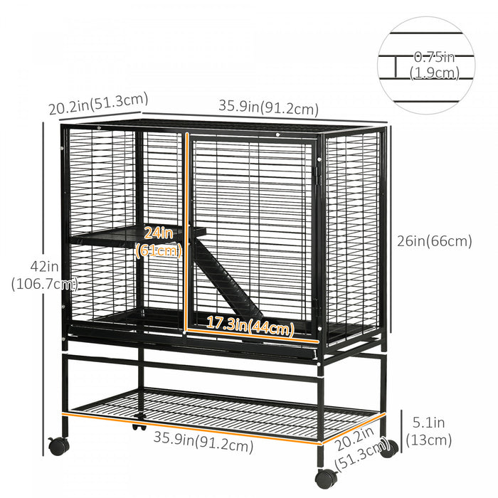 Pawhut Parc Pour Animaux De Compagnie A Deux Niveaux Pour Furets Chinchillas Cochons D'inde Avec Roues Rampe De Plate-forme De Plateau Amovible, 36\" x 20\" X 42\"
