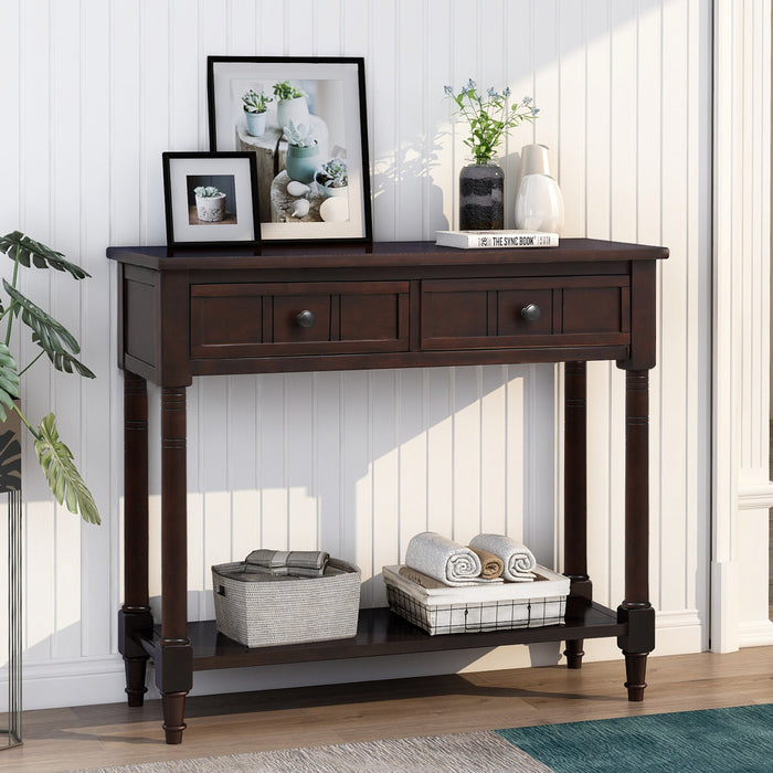 Table Console Traditionnelle Jeremy En Bois Massif Avec Tiroirs Et Etagere - Espresso
