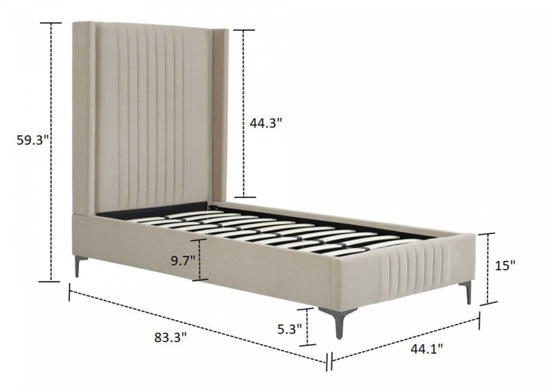 Lit jumeau Promenade de style mi-siecle moderne en velours capitonne, finition taupe rustique