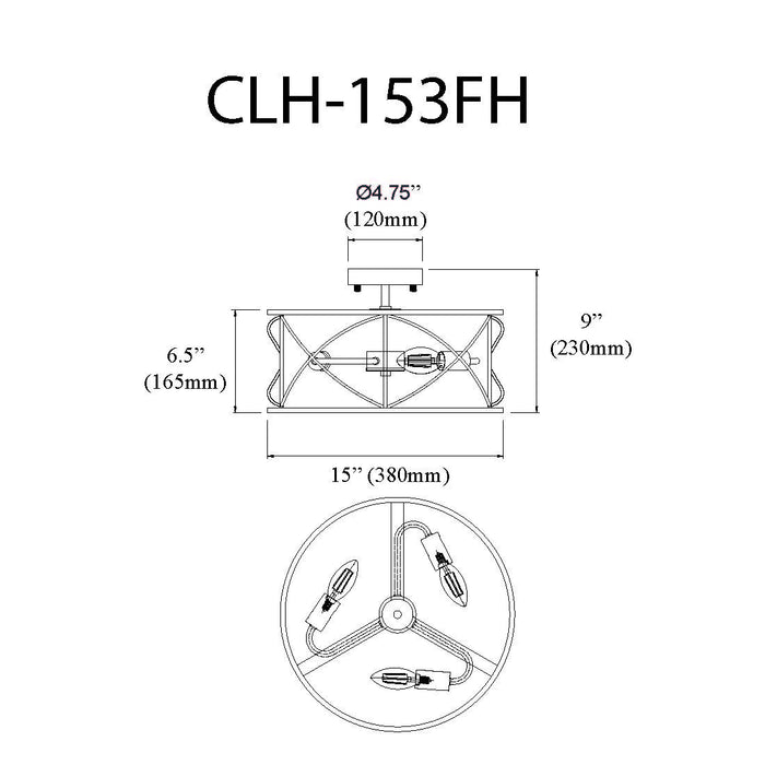 Plafonnier semi-affleuré Calah de Dainolite avec fini laiton vieilli et 3 ampoules incandescentes