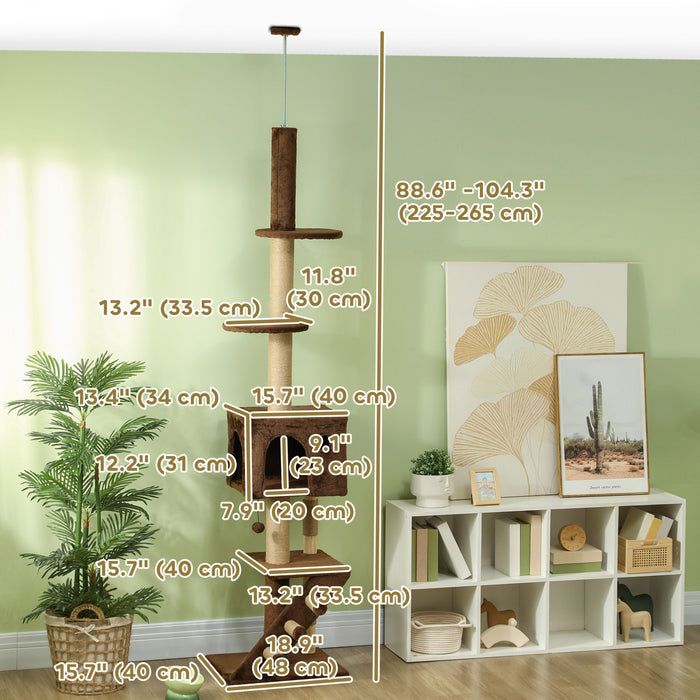 Pawhut Arbre A Chat Du Sol Au Plafond Pour Grands Chats Adultes, Tour A Chat Reglable En Hauteur De 89\"-104 Avec Griffoir, Maison Pour Chat, 3 Marches, Kit Anti-basculement, Marron