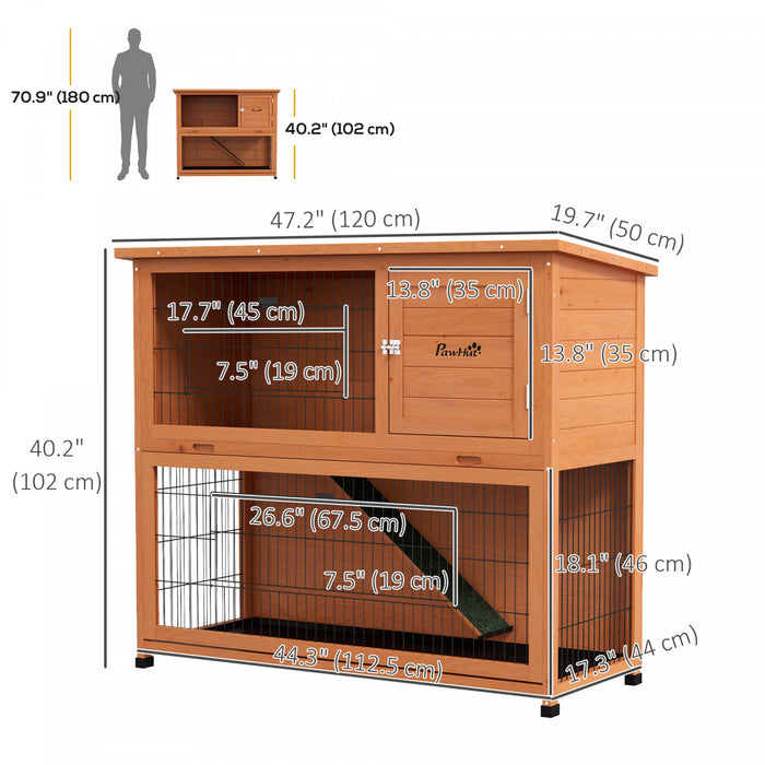 Pawhut Clapier A Lapin En Bois, Cage A Lapin Exterieure A 2 Etages, Plateaux, Rampe, Toit En Asphalte, Portes Pour 1-2 Lapins, 47\" X 20\" X 40\", Orange
