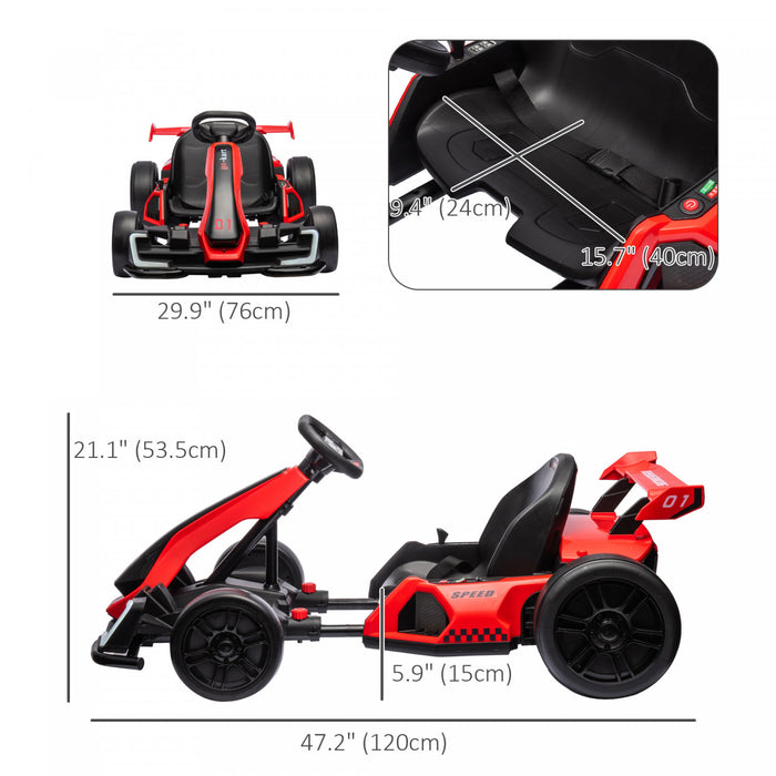 Aosom Kart Electrique 24 V 7,5 Mph Avec Siege Reglable, Voiture A La Derive Alimentee Par Batterie, Jouet D'exterieur, Demarrage Par Bouton, Musique, Klaxon, Lumieres, Pour 6 A 12 Ans, Rouge