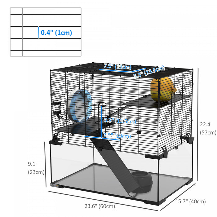 Pawhut Cage A Hamster 23.6\" L X 15.7\" L, Cage A Gerbilles Avec Bassin En Verre, Rampes, Plates-formes, Cabane, Roue D'exercice, Pour Hamsters Syriens Et Nains, Noir