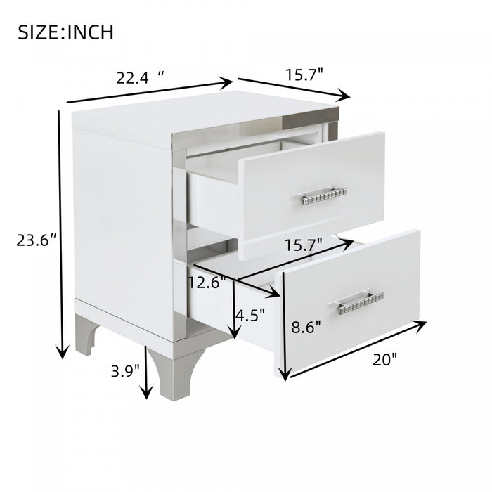 Sophia table de chevet laquee brillante avec 2 tiroirs et poignees en metal, blanc