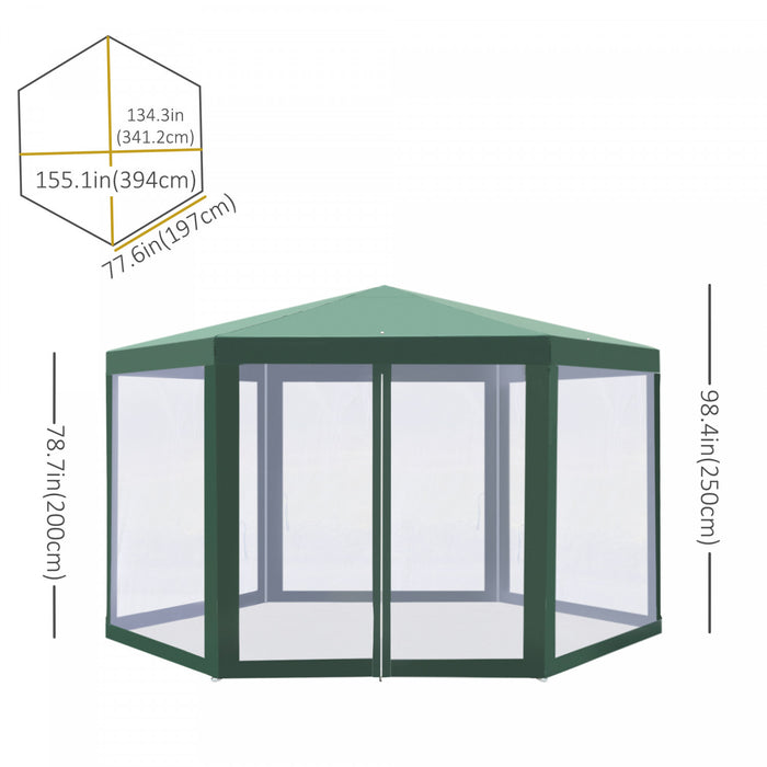 Tonnelle Barnum Tente De Reception Hexagonale 10 MĠ Style Cosy Metal Polyester Impermeabilise Surface Env. 10 MĠ Vert Blanc