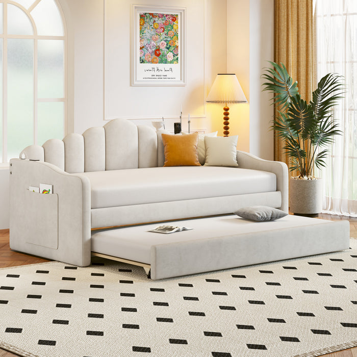 Lily Lit Relevable Capitonne avec Lit Gigogne et Ports de Chargement USB, Taille Twin, Beige