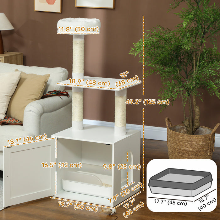 Cat Tree With Litter Box Enclosure, Hidden Cat Tower, White