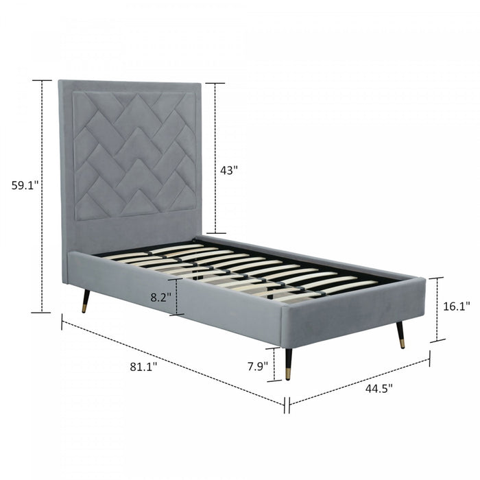 Lit simple moderne Crosby en velours capitonne gris
