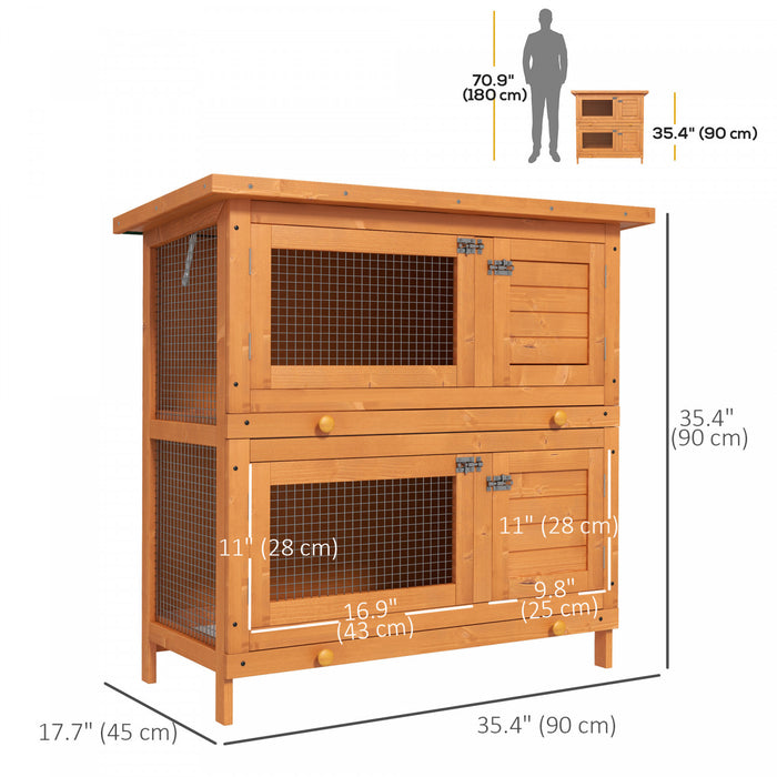 Pawhut Clapier A Lapin Cage A Lapin Double Niveau Plateaux Coulissants 4 Portes Verrouillables Toit Ouvrant 35.5\"l X 17.75\"l X 35.5\"h
