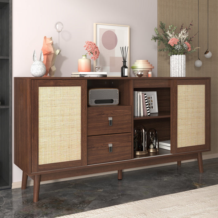 Oliver 61\" Buffet avec Portes Coulissantes en Rattan et Tiroirs, Marron Fonce