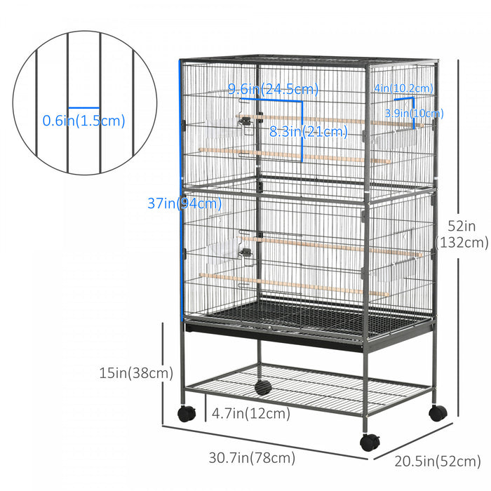 Pawhut Grande Cage A Oiseaux En Acier De 52'' Avec Support Roulant, Etagere De Rangement, Perchoir En Bois, Contenant A Nourriture, Gris Fonce