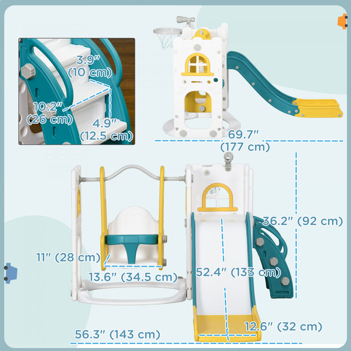 Qaba Ensemble Toboggan Et Balancoire 6 En 1 Avec Panier De Basket, Grimpeur, Balancoire Pour Bebe, Aire De Jeux Interieure Avec Espace De Rangement, Pour Les 1 A 3 Ans, Jaune