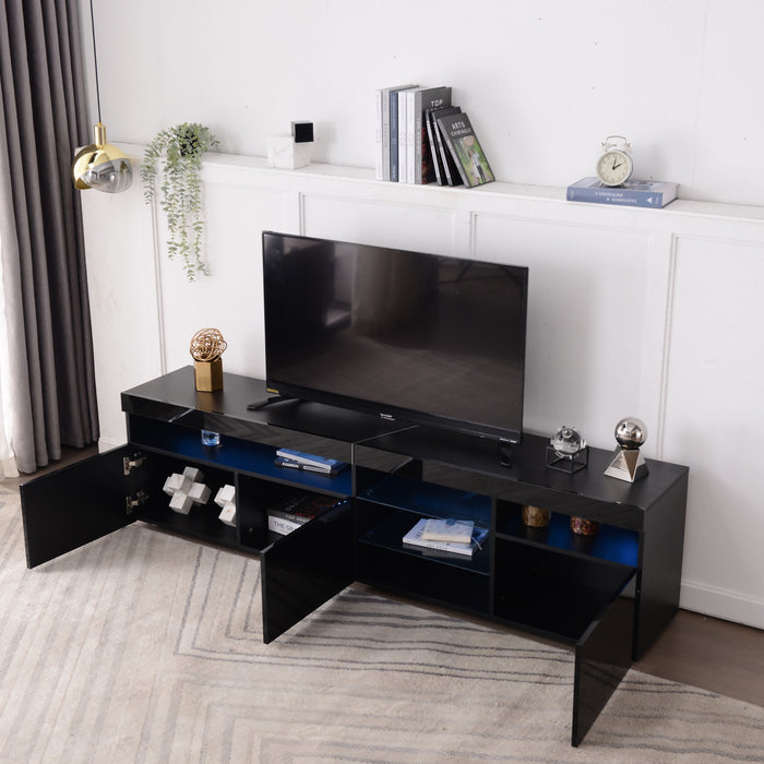 James 70.8\" Cabinet TV Moderne avec Eclairage LED USB et Facade Haute Brillance, Noir